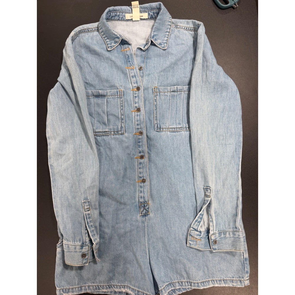 Life In Progress Denim Romper Womens XS Light Wash Long Sleeve Cotton Utility